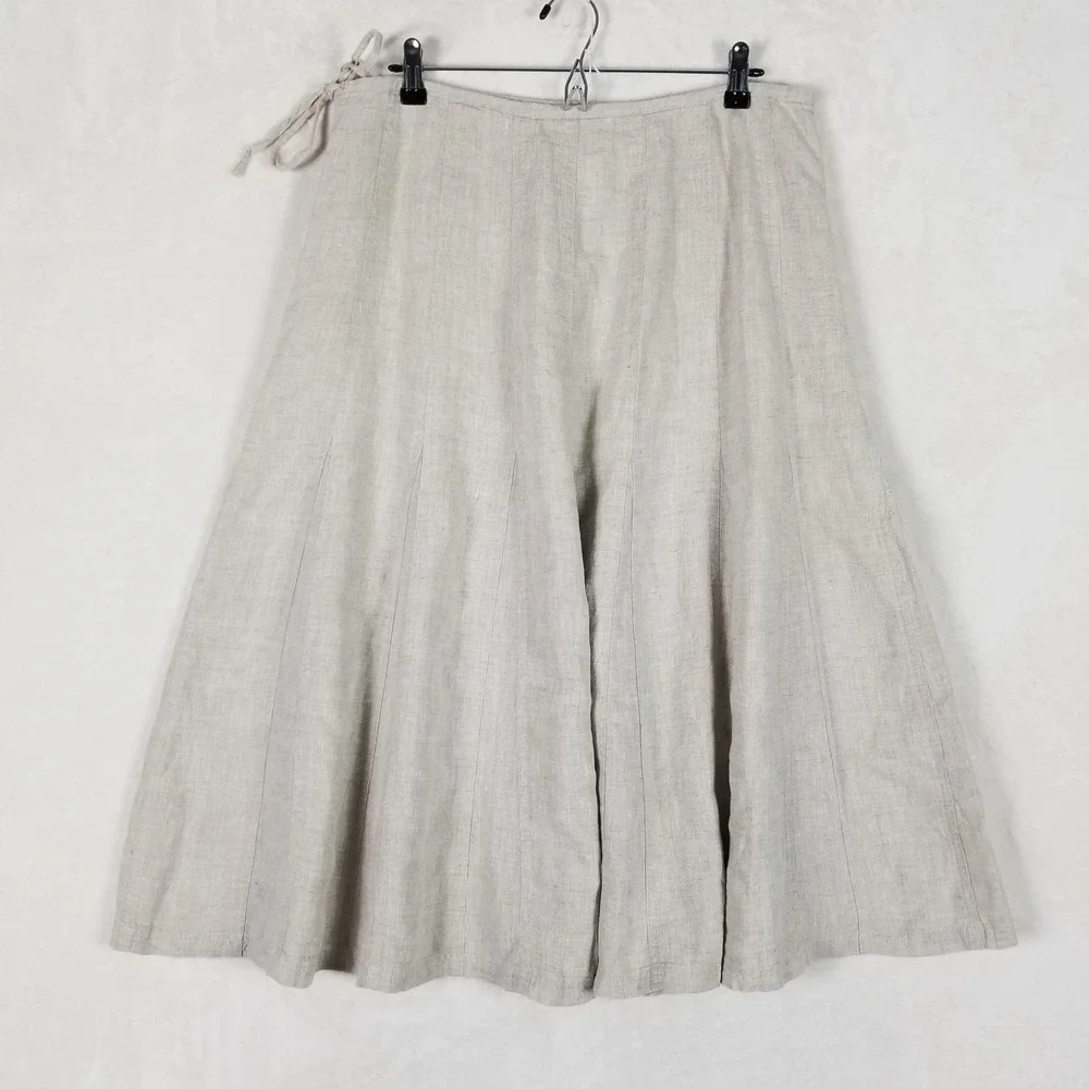 Talbots Linen Skirt Womens 14 Beige Irish Linen A-Line Midi Side Tie Zip
